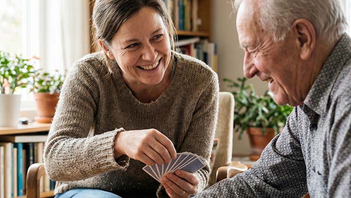 Accompagnement à domicile d’une personne âgée à Hyères par une auxiliaire de vie attentive Auxiliaire de vie accompagnant une personne âgée à domicile à Hyères dans le Var lors d’une activité quotidienne