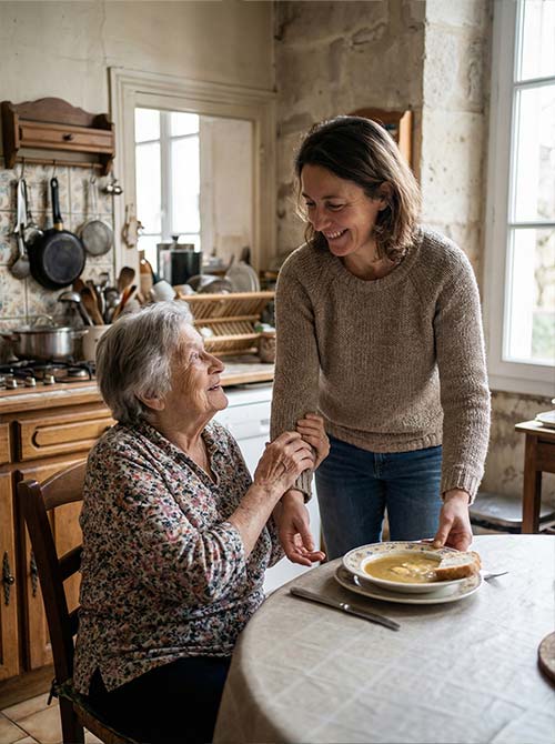 Auxiliaire de vie aidant une personne âgée à préparer et prendre un repas à domicile à Hyères dans le Var Auxiliaire de vie accompagnant une personne âgée lors d’une sortie au marché à Hyères dans le Var