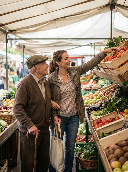 Métier d’auxiliaire de vie à Hyères avec accompagnement humain et missions de proximité Auxiliaire de vie accompagnant une personne âgée lors d’une sortie au marché à Hyères dans le Var
